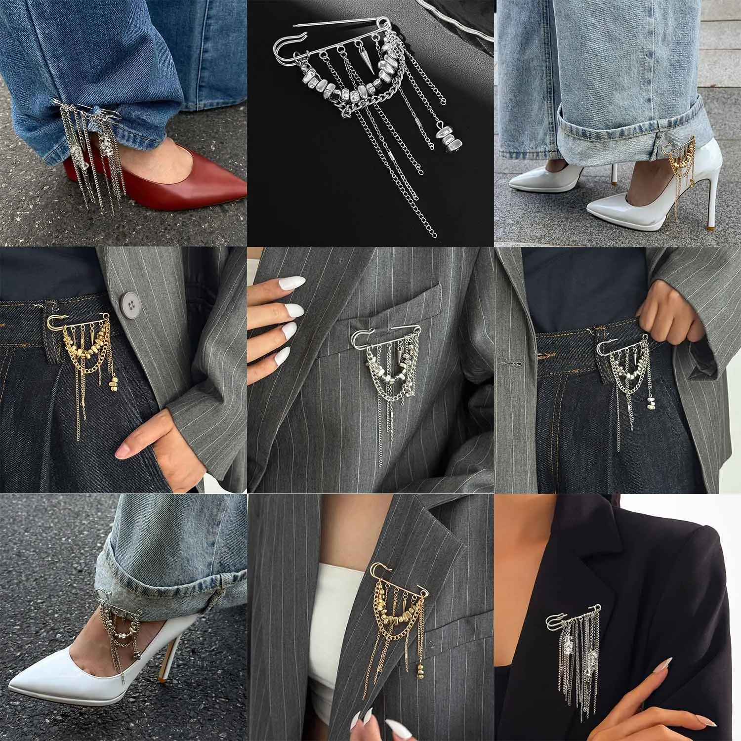 Ins Metal Chain Tassel Pin Brooch Design Sensation Pebble Rivet Leg Chain Shortening Decoration