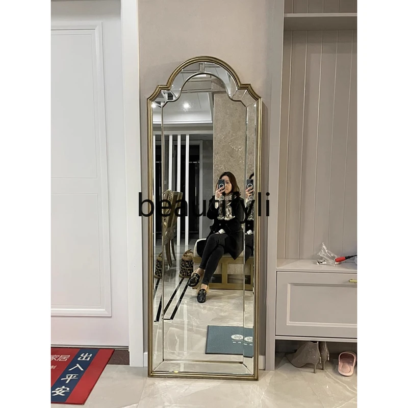 

Medieval full-body mirror entrance floor mirror solid wood light luxury American arched full-length mirror
