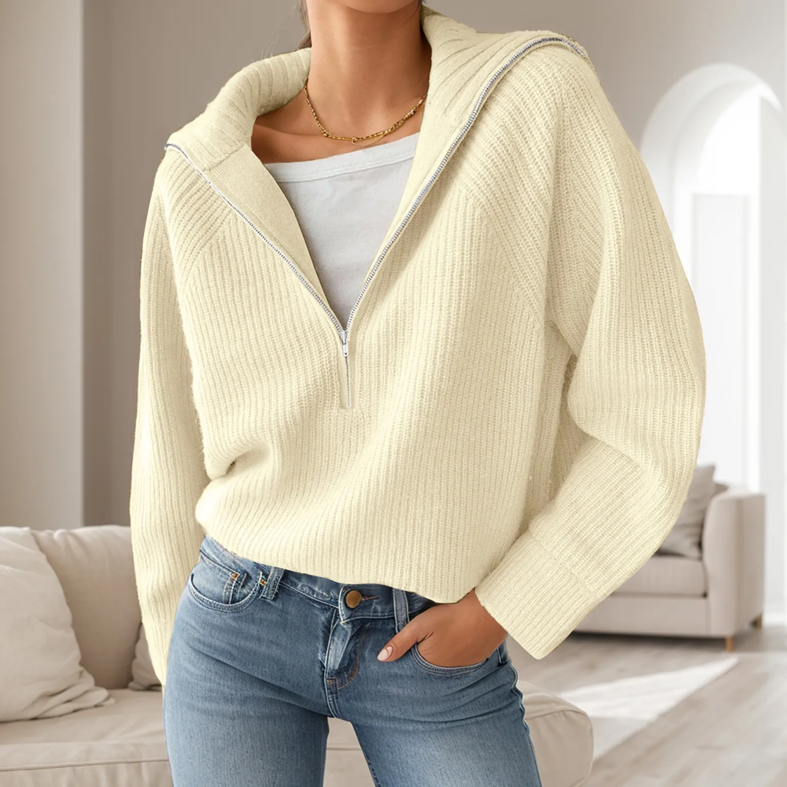 Women’s Casual Long Sleeve Half Zip Pullover Sweaters Solid V Neck Ribbed Knitted Loose Slouchy Womens Baggy Pullover Sweaters