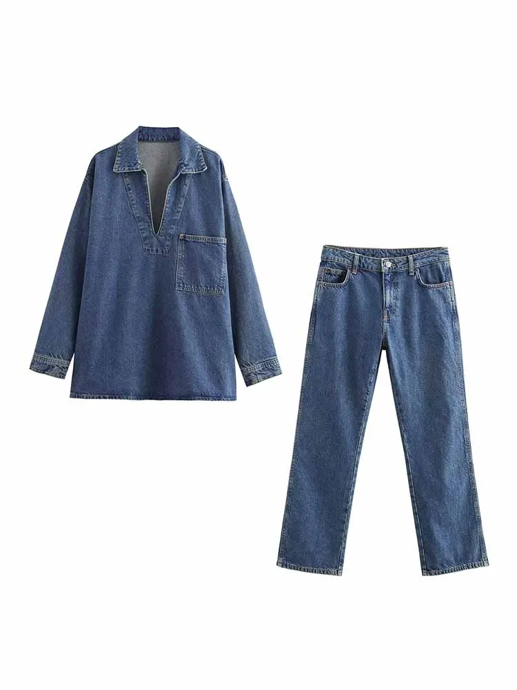 New Women\'s Clothing European and American Style Fashionable All-match POLO Collar Denim Shirt High Waist Denim Pants