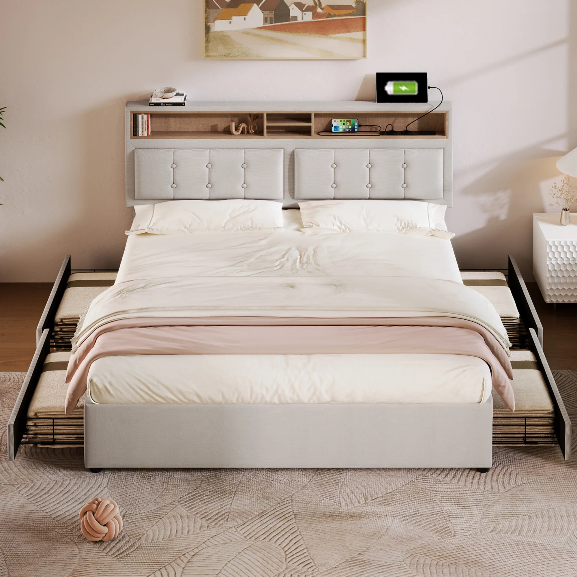 VSOGA 160x200 Cm Double Bed With 4 Drawers And USB C Socket, Upholstered Bed, Height-adjustable Headboard