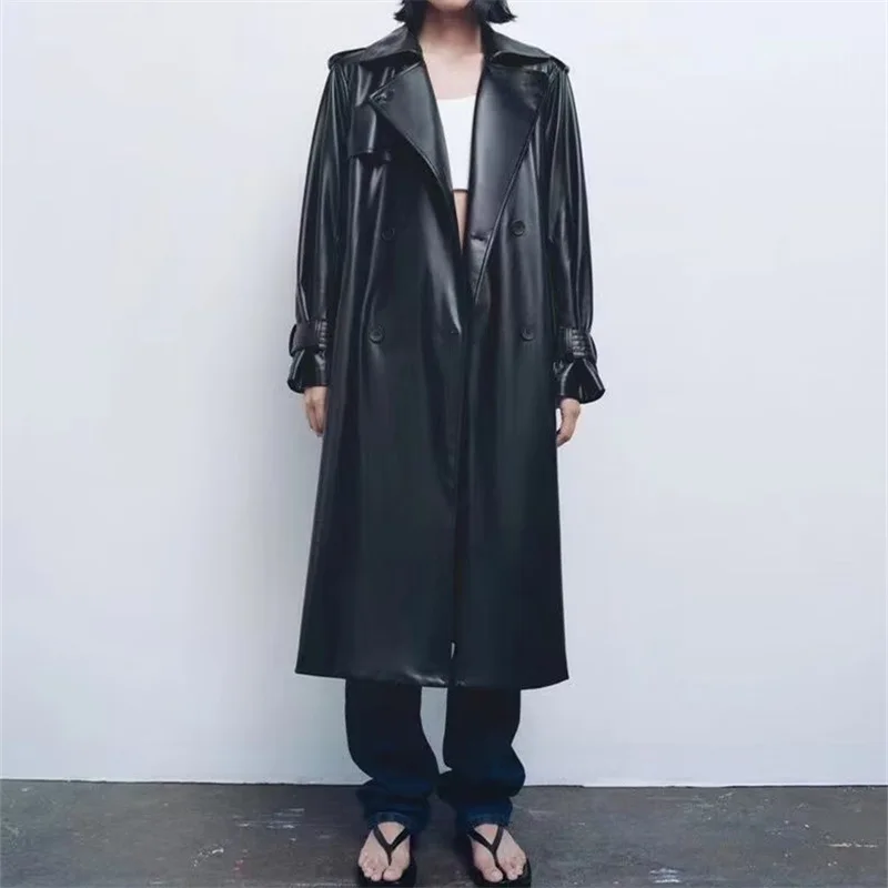 Susola Herbst lange schwarze Patchwork Pu Leder Trenchcoat für Frauen Zweireiher lose stilvolle Luxus Designer Kleidung