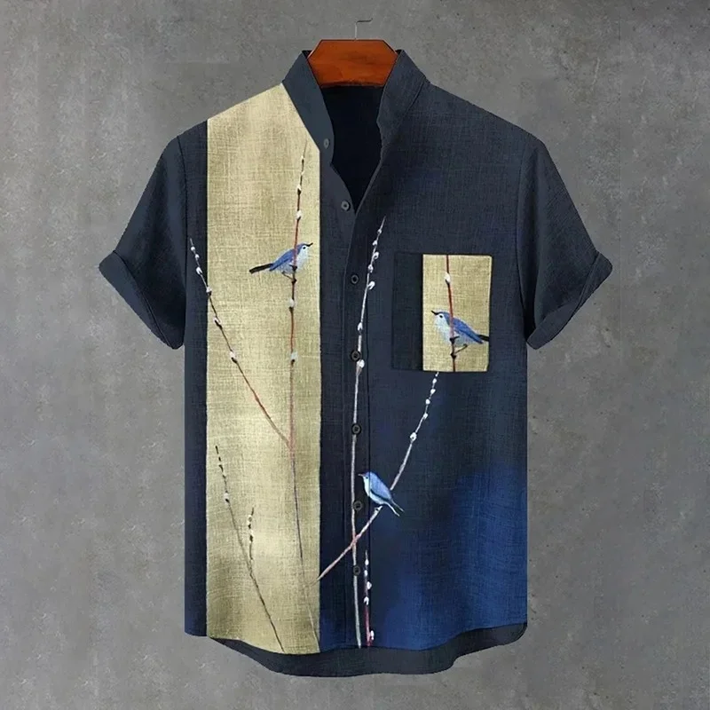Japanese Oil Painting Bird Men's Short Sleeve Shirt Holiday Single Breast Autumn Tops Shirts 2025 New Arrival Daily Tunics