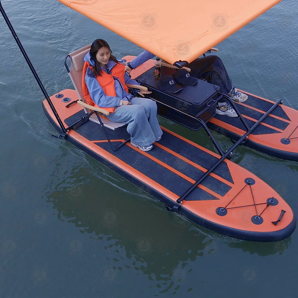 

Inflatable Double-Hull Boat with Electric Outboard Motor and Paddleboards for Recreation