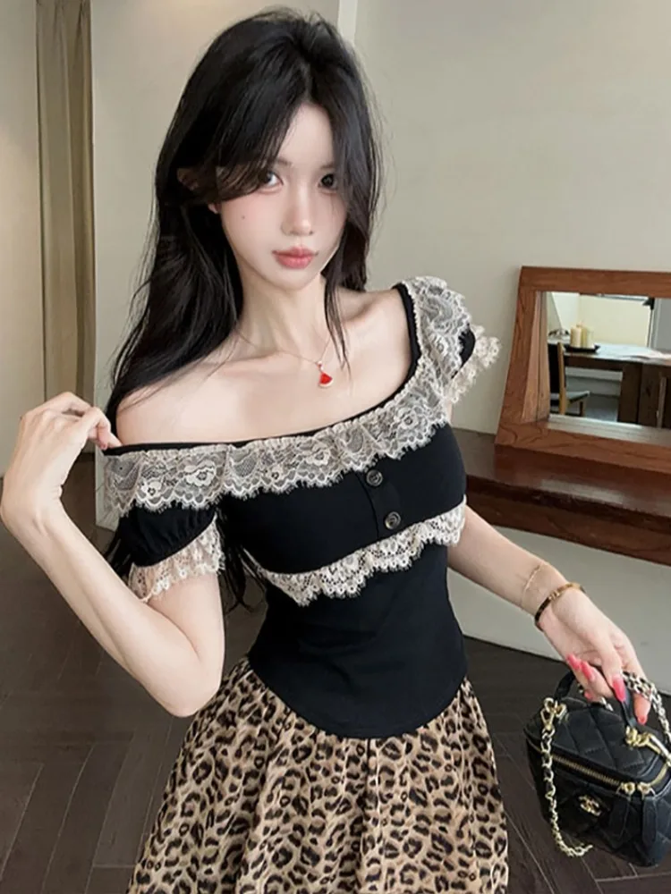 

Retro Sweet Spicy Girl Lace Trim U-Neck Short Sleeve T-Shirt Top High Waist Vintage Leopard Print Cake Short Skirt Set Women