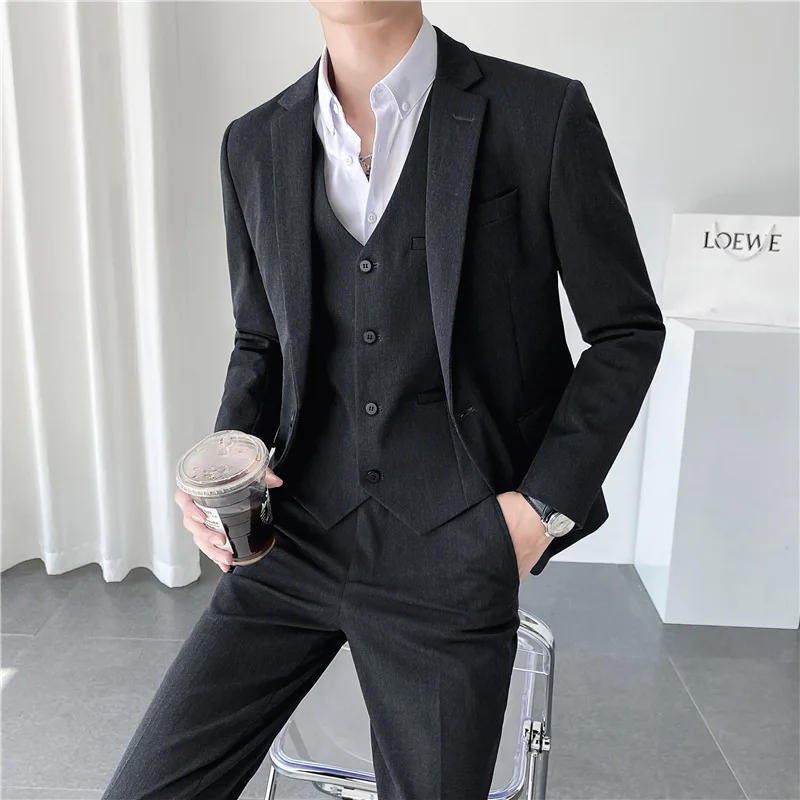 Lansboter Gray Men Suit 3 Pieces Solid Color Slim Fitting For Business Leisure Commercial Wedding Dresses Jacket Vest With Pants