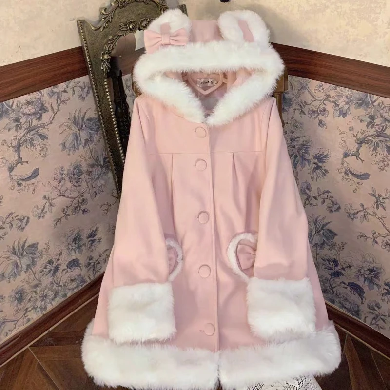 Winter Japanese Lolita Loose Pink Woolen Cloth Coat Elegant Sweet New Lovable Bow Warm Overcoat Fashion Kawaii Fur Collar Coat