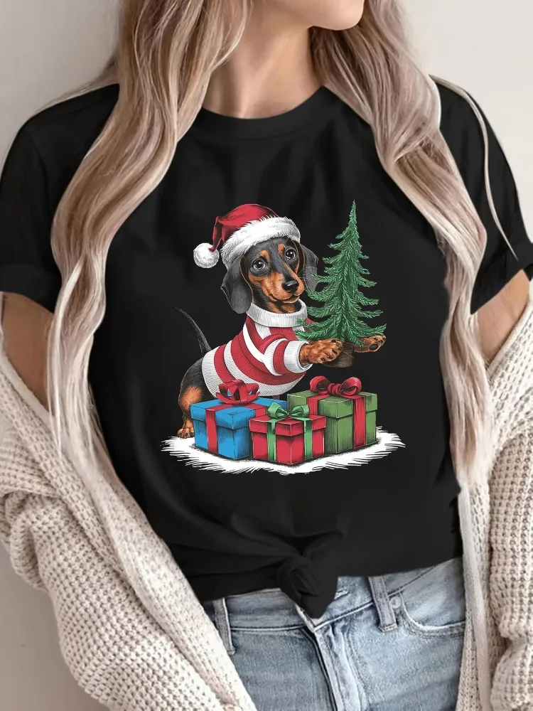 

Christmas Puppy Print T-Shirt Women's Crew Neck Short Sleeve Casual Top Suitable for Spring Summer and Fall Seasons