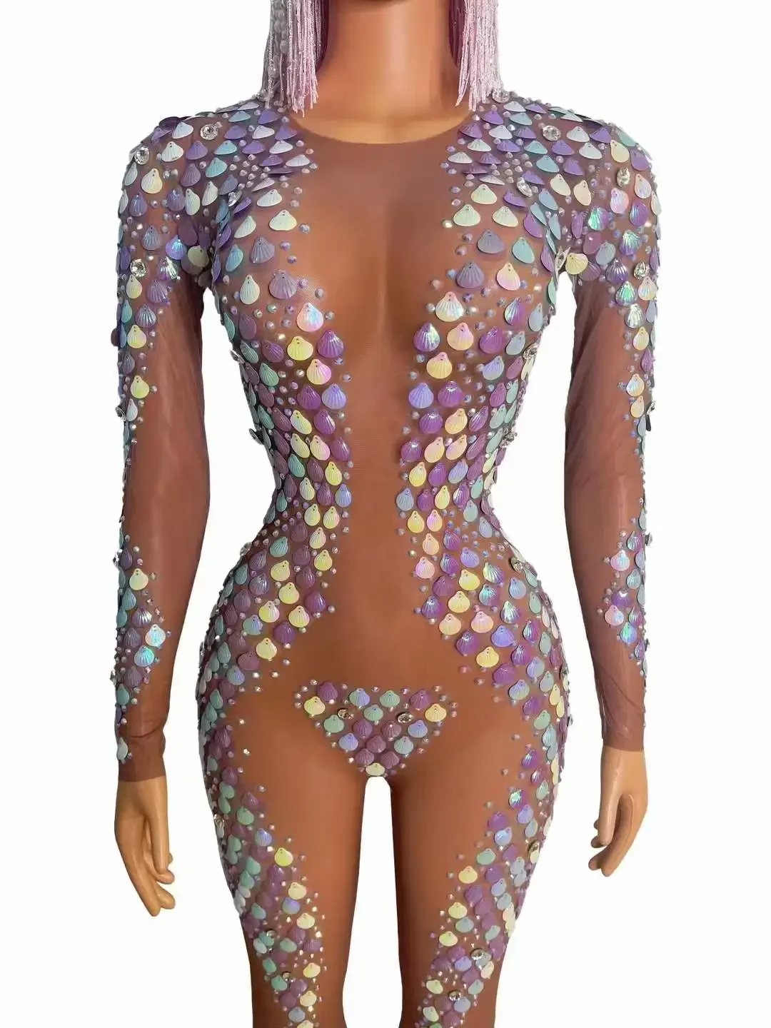 Women Sparkly Long Sleeve Birthday Party Costume Seashell Drag Queen Bodysuits Stretch Shell Rhinestone Jumpsuits