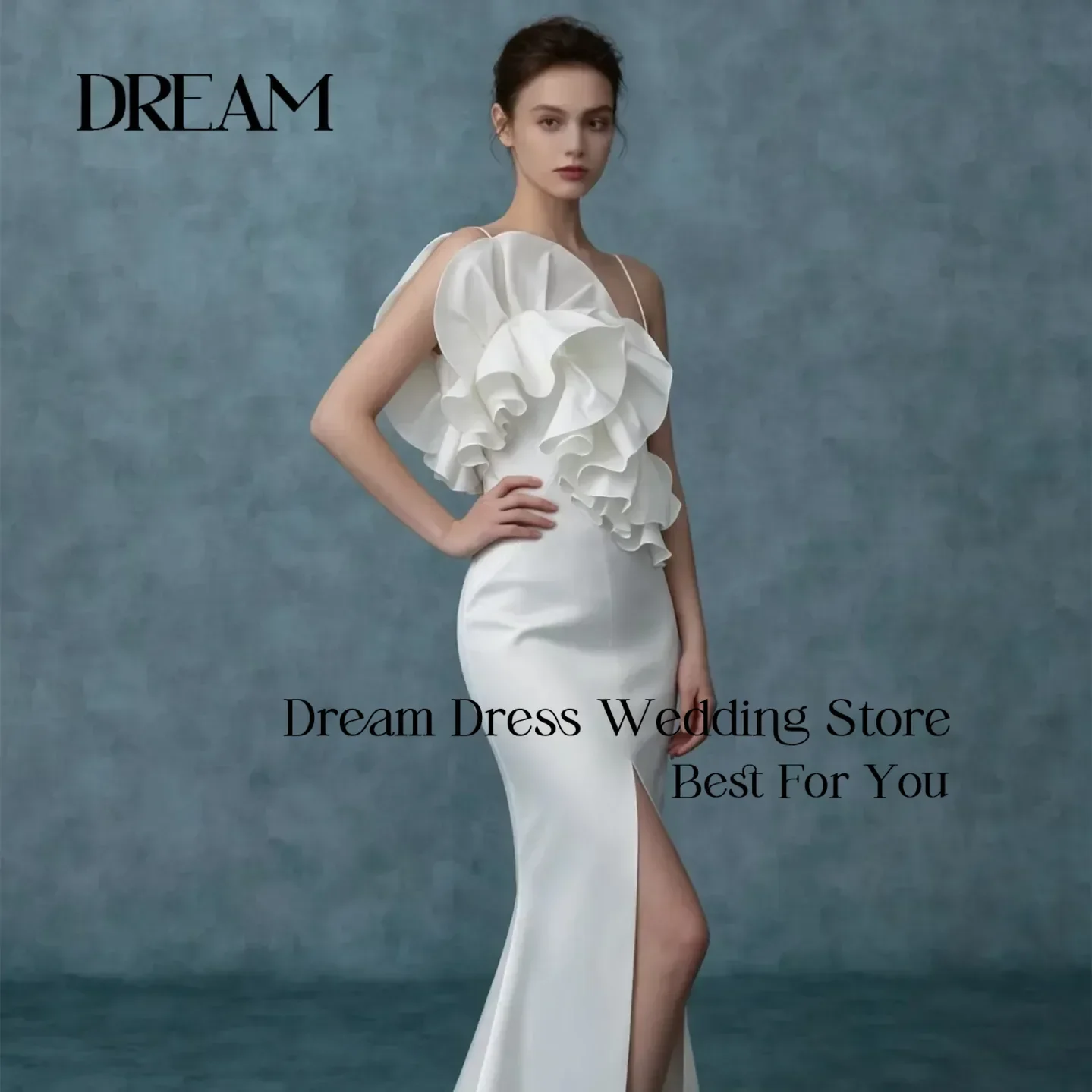 Dream Spaghetti Strap Satin Mermaid Wedding Dress, Large Ruffle Appliques Deep V Back High Slit Elegant Simple Vestido De Noiva