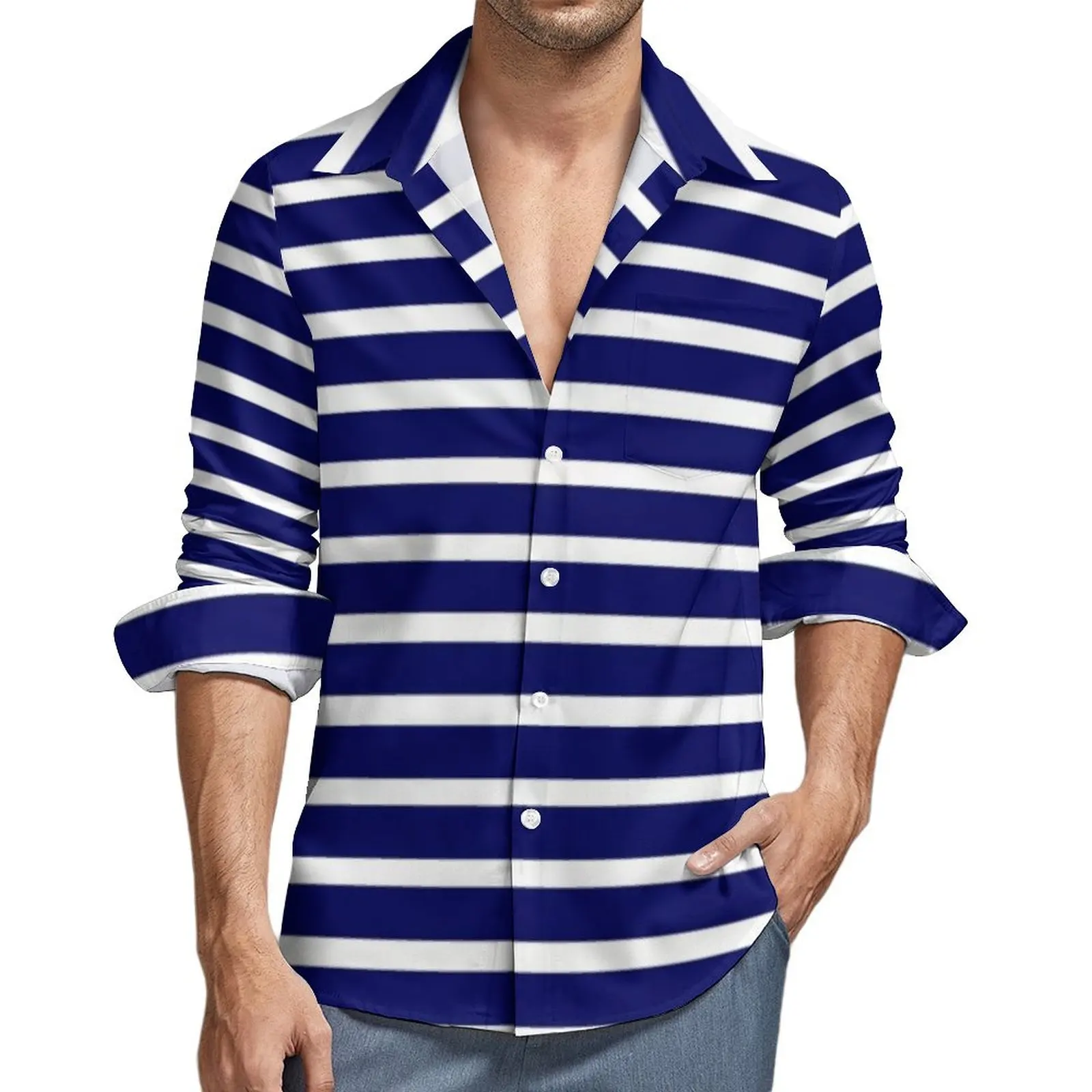 

Blue White Striped Blouse Male Summer Nautical Stripes Shirt Long Sleeve Retro Y2K Street Casual Shirts Autumn Clothes Big Size