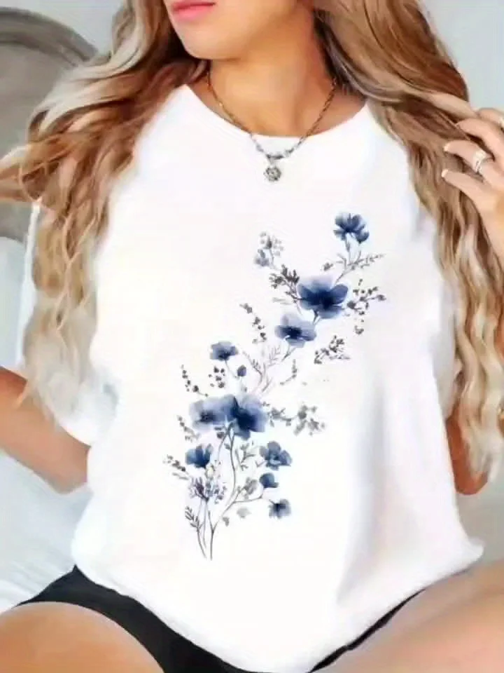 T-shirt da donna con stampa floreale Design floreale blu Girocollo casual Manica corta Primavera Estate Autunno Moda Top T-shirt da donna