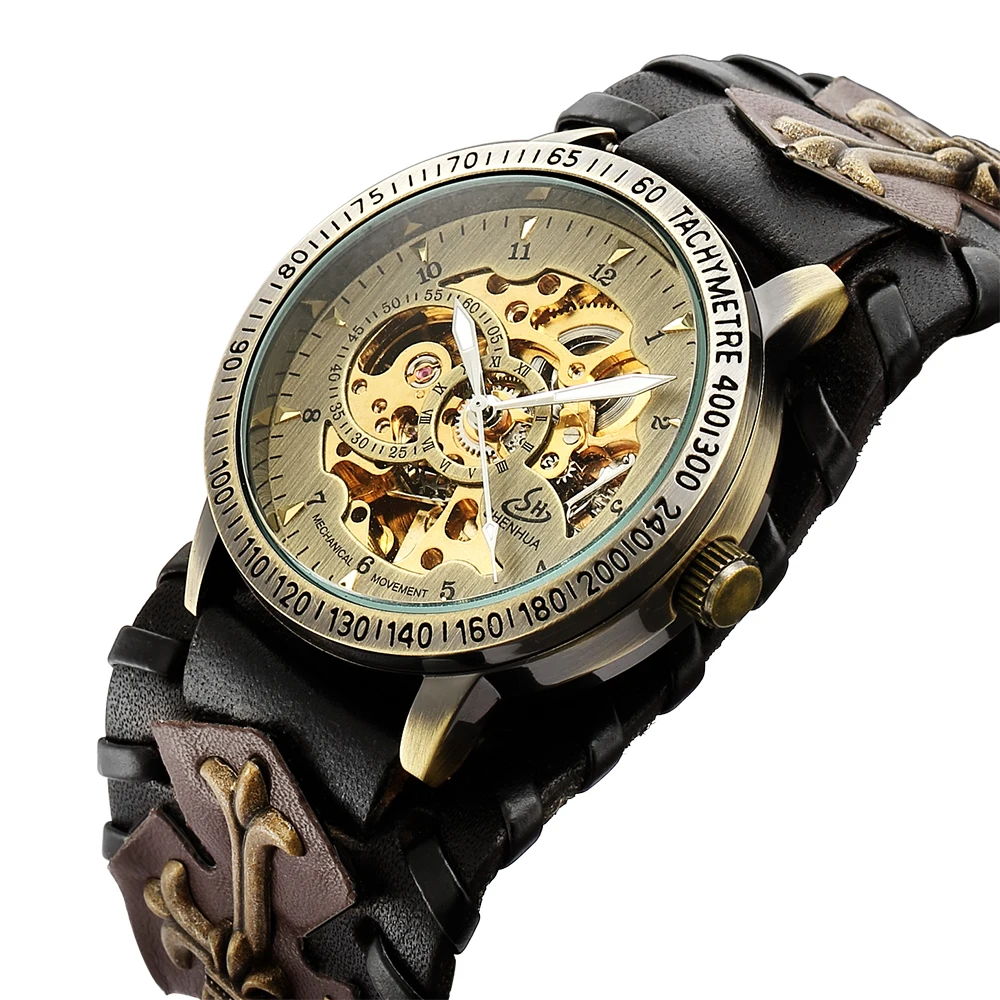 SHENHUA Vintage Gothic Clock Brown Rock Stainless Steel Steampunk Skeleton Tourbillon Men Automatic Mechanical Luminous Watch