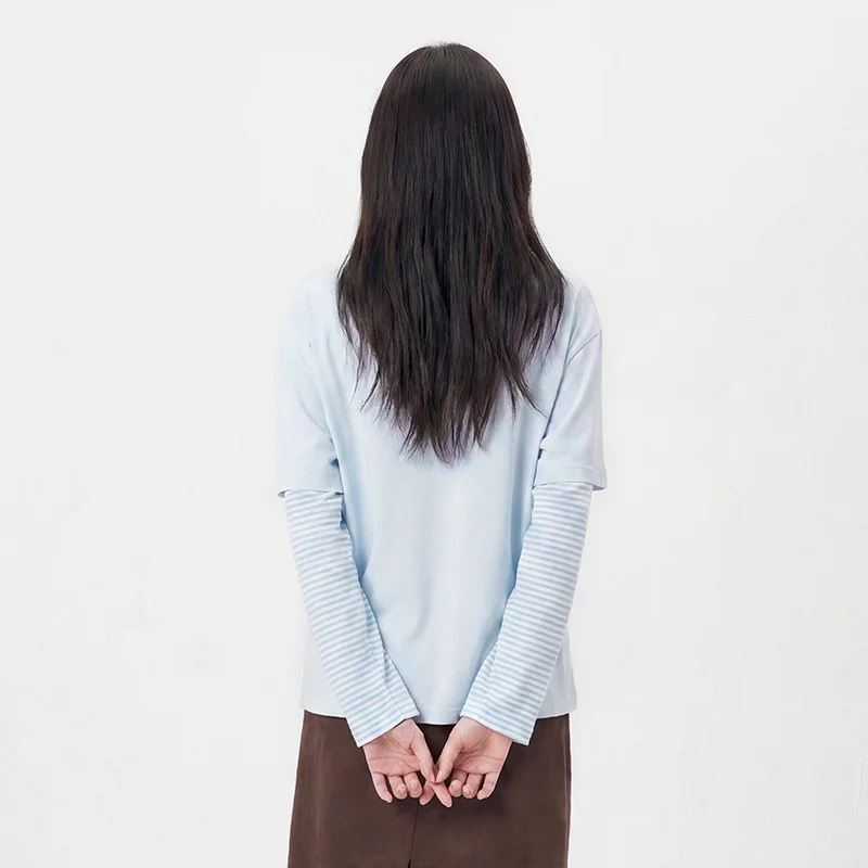 Women's Oversize Striped Faux Two-Piece Long Sleeve T-Shirt