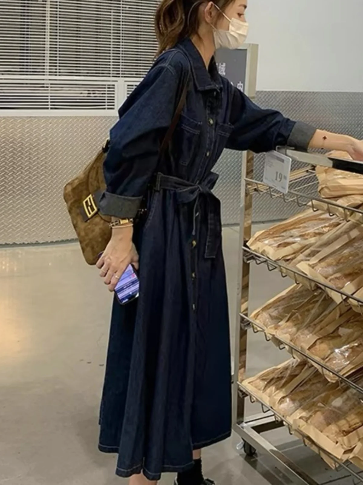 한국 스타일 하이웨이스트 긴팔 데님 원피스 여성 봄 가을 신상 슬림 빈티지 무릎 아래 스커트 면 00%