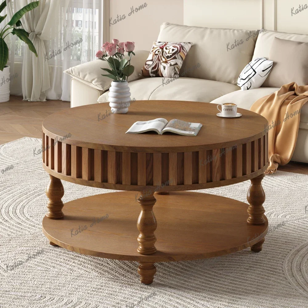 LSFarmhouse Fluted Coffee Table with Storage and Flip-Top Lids, Rustic Brown Center Table for Living Room Spacious Hidden Storag