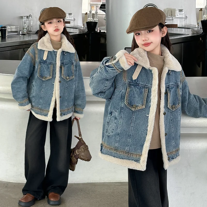 

Джинсовое пальто Fce Lined Thi Denim Jaet для девочек, осенне-зимнее модное повседневное длинное пальто средней длины для детей без кепки