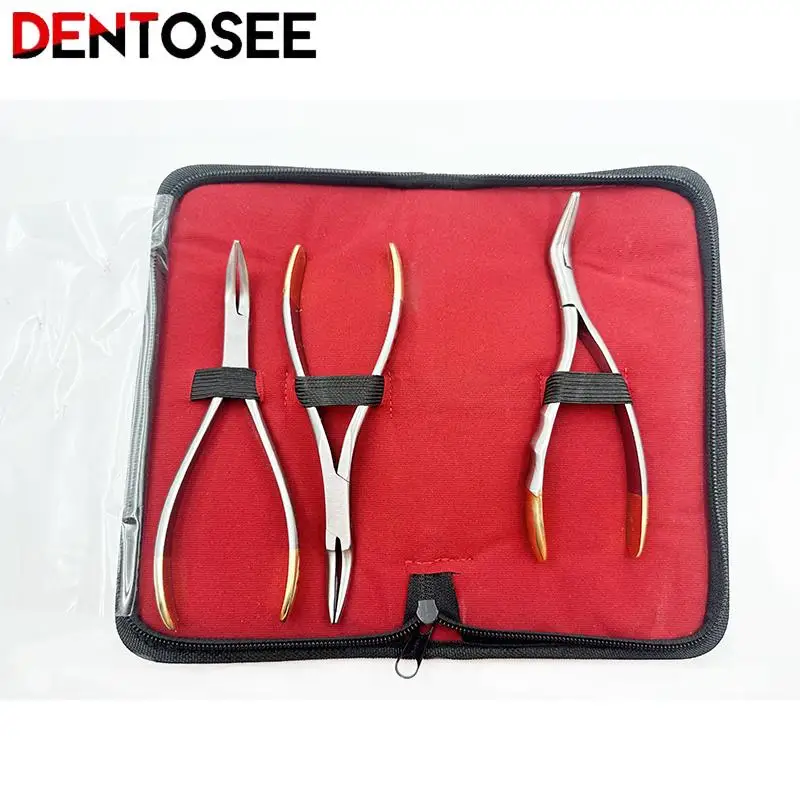 Dental Residual Root Tweezers Tooth Extraction Forceps Curved Maxillary Mandibular Teeth Universal Pliers with Leather Bag