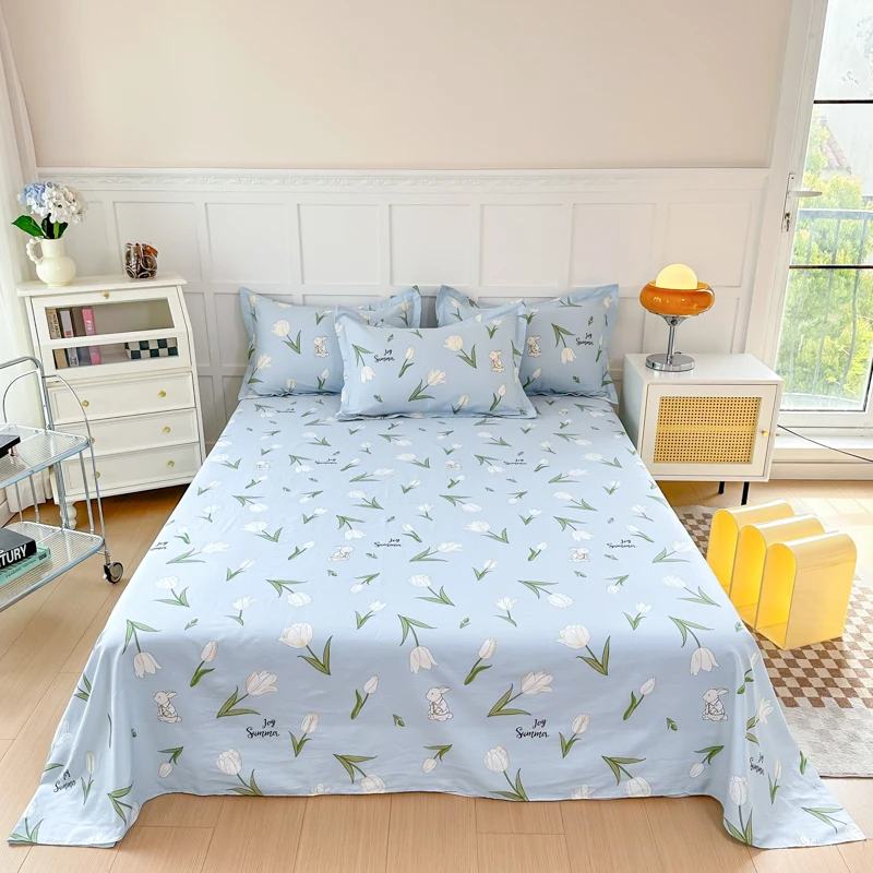 White Tulip Flower Flat Sheet Cotton Cartoon Bunny Blue Bed Sheet Set for Boys Girls Lovely Floral Rabbit Botanical Bed Cover