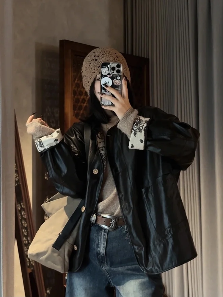 

Винтажная крутая кожаная куртка с принтом, повседневная свободная посадка, осенний топ в стиле панк, длинный свеч, круглый Ne