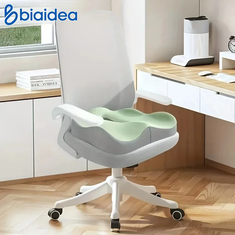 1pc Memory Foam Seat Cushion - 3D Ergonomic Support| Light Green & Grey, Washable Polyester, Car/Office Essentials