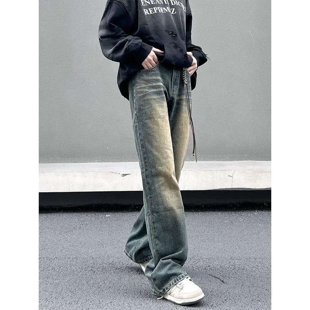 

American Retro High Street Vibe Waed Denim Loose Straight Leg Pants Versatile Casual Jeans mid Waist adient Cotton Polyester