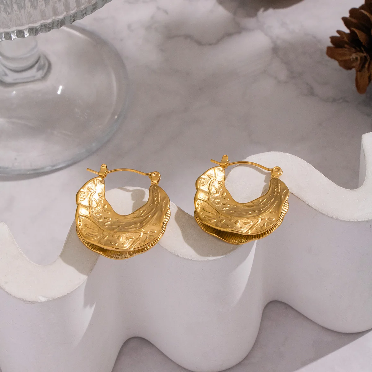 316 Stainless Steel Hand Hammered Irregular Half Circle Wrinkled Spring Hoop Earrings Single Gold Vintage Texture Art Unique Dai