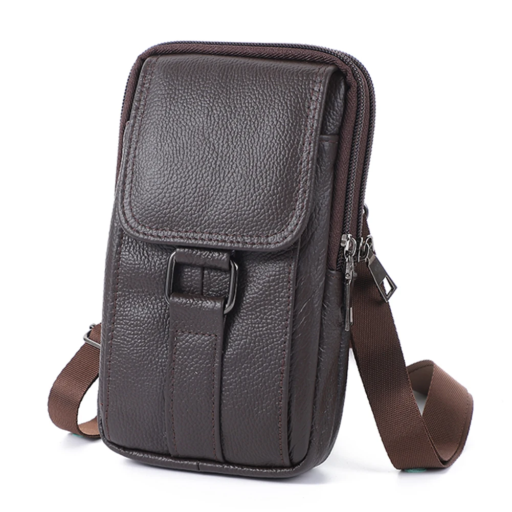 

Portable Men Messenger Bags Cowhide Leather Cell Phone Belt Pack Fashion Multi-pockets Casual for Outdoor Sport