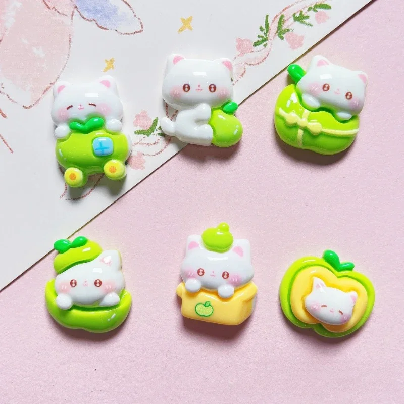 10PCS cartoon shiny green apple cat DIY resin accessories cream glue phone case hairpin water cup shoe buckle patch