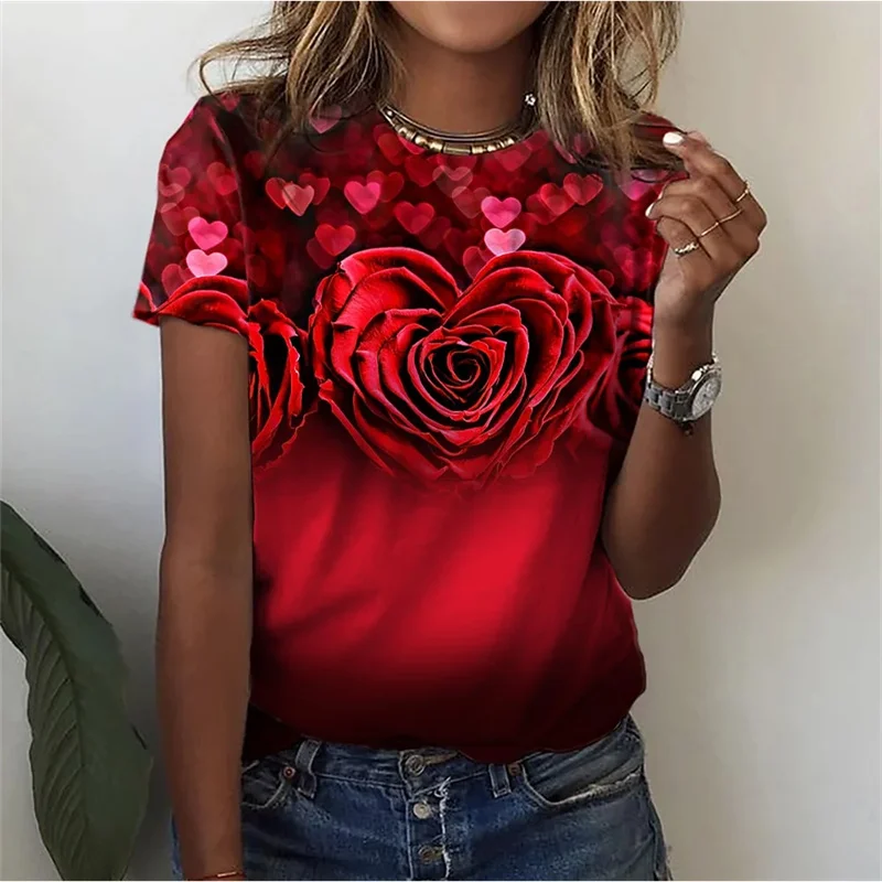 

Женская футболка больших размеров с цветочным и растительным узором, футболка с 3D цветочным принтом, летняя повседневная рубашка с круглым вырезом и короткими рукавами