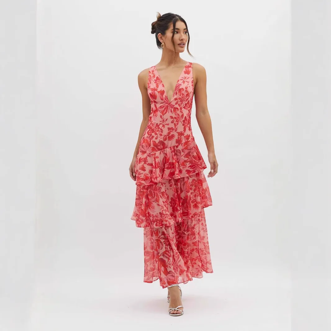 

Elegant Chiffon Ruffled Maxi Dress Sexy Deep V Neck Women Floral Print Boho Beach Vacation Casual Party Dresses New Vestidos