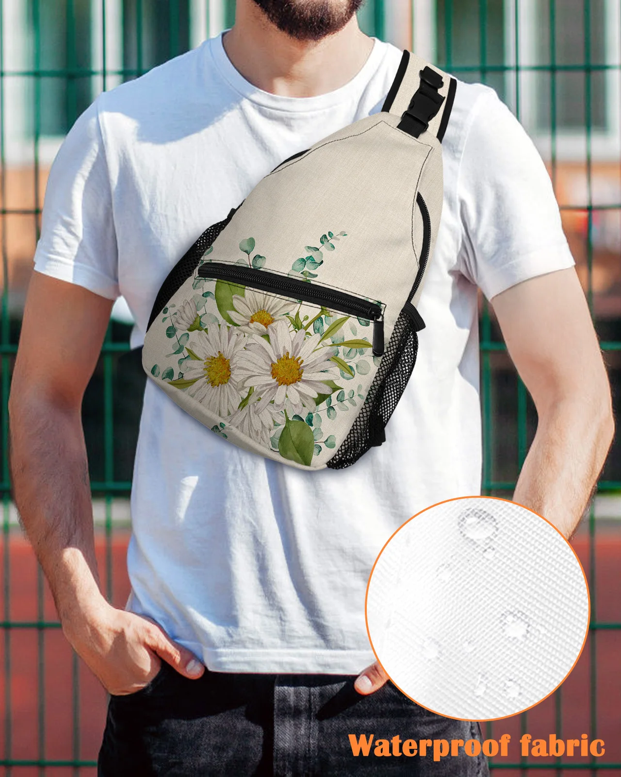 Flowers Daisies Eucalyptus Leaves Chest Bag for Man Women Casual Crossbody Bag Travel Shoulder Bag Large Capacity Sling Bag