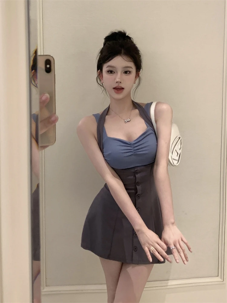 

Sweet And Spicy Girl Neck Hanging Strap Dress Women's Waist Cinching Slim A-Line Skirt High-End Short Skirt Summer Fashion