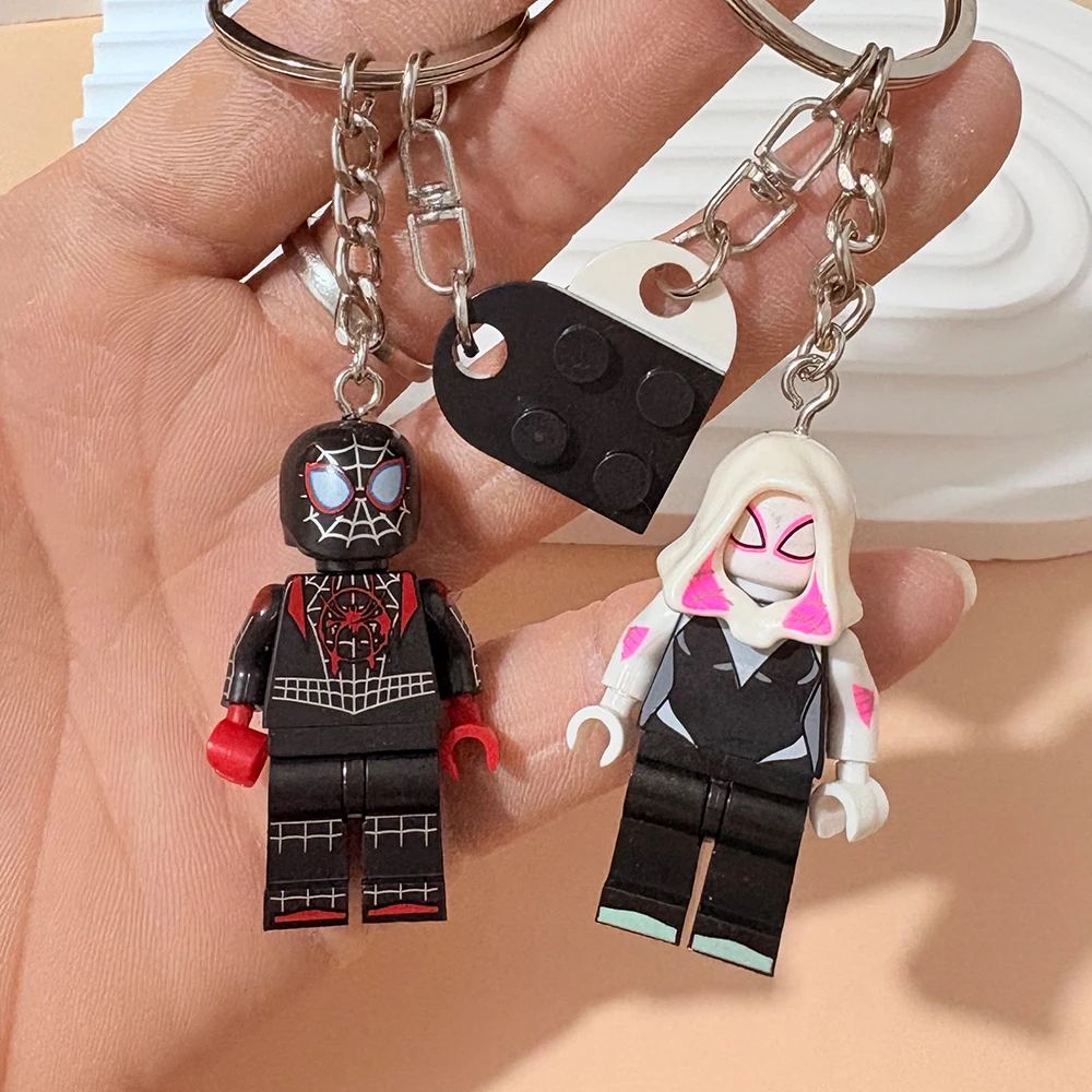 Couple Matching Keychain Spider Miles&Gwen Building Block Minifigure Heart Keyring Backpack Pendant Valentine Gift for Lovers image 5