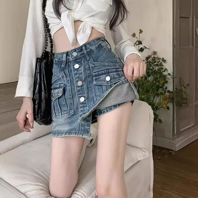 Plus Size Vintage High-waisted Slimming Denim Skirt American Style Petite Shorts For Women Plus-size A- line Hip Covering