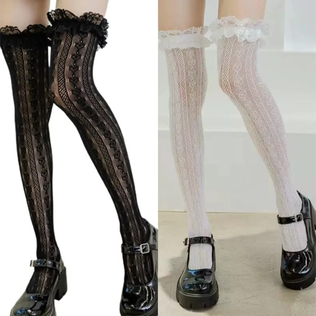 Women Lolita Fishnet Thigh High Socks Heart Striped Lace Patterned Over Knee Long Stockings Ruffled Frilly Kawaii 1/2 Pairs