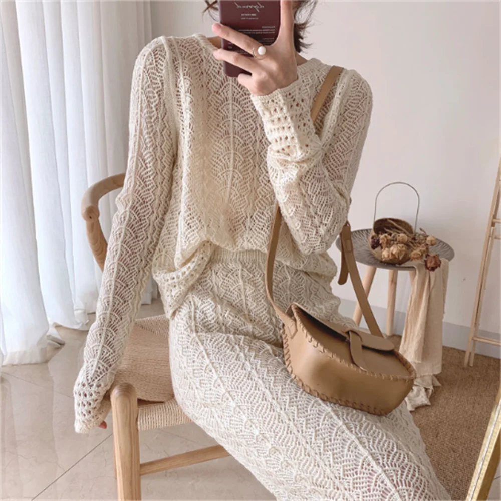 knitting suit women hollowed-out pencil long skirt casual Long sleeves sets