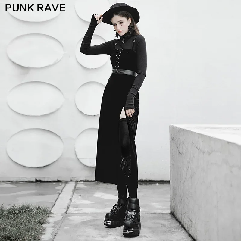 PUNK RAVE Women\'s Punk Metal Buttons Black Sling Casual Workwear Dress Street Style Velvet Suspender Double High-waisted