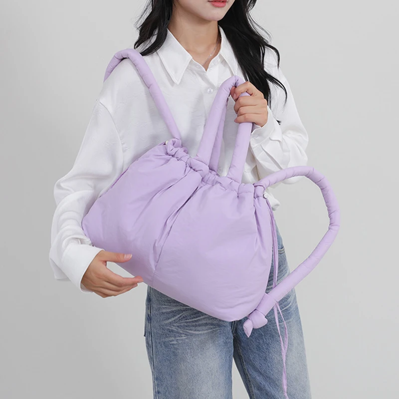 Solid Color Drawstring Tote Bag Quilted Knotted Strap Nylon Padded Tote Bag Dual-purpose Large Capacity Puffer Backpack Ladies