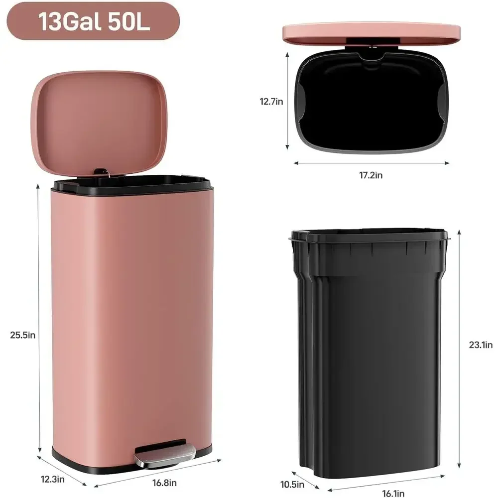 13.2 Gallon Stainless Steel Step Trash Can with Removable Inner Bucket, Touchless Lid, Ideal for Kitchen and Home (Pink, 50L)