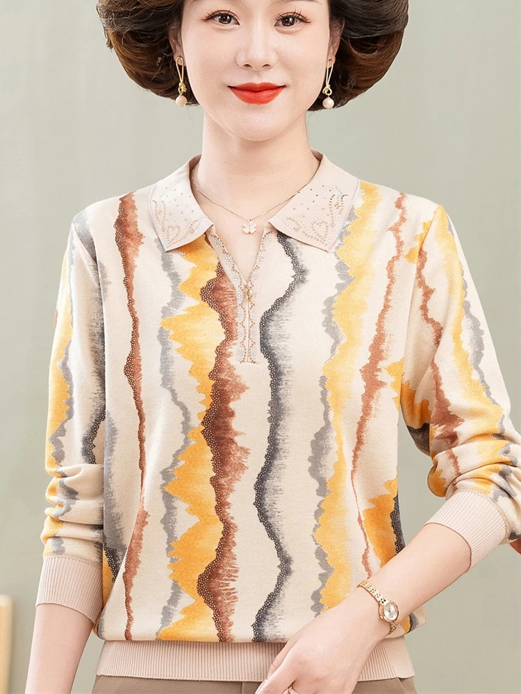 

Модная тонкая трикотажная кофта с длинным рукавом и воротником для женщин среднего и старшего возраста, весна-осень, высокое качество