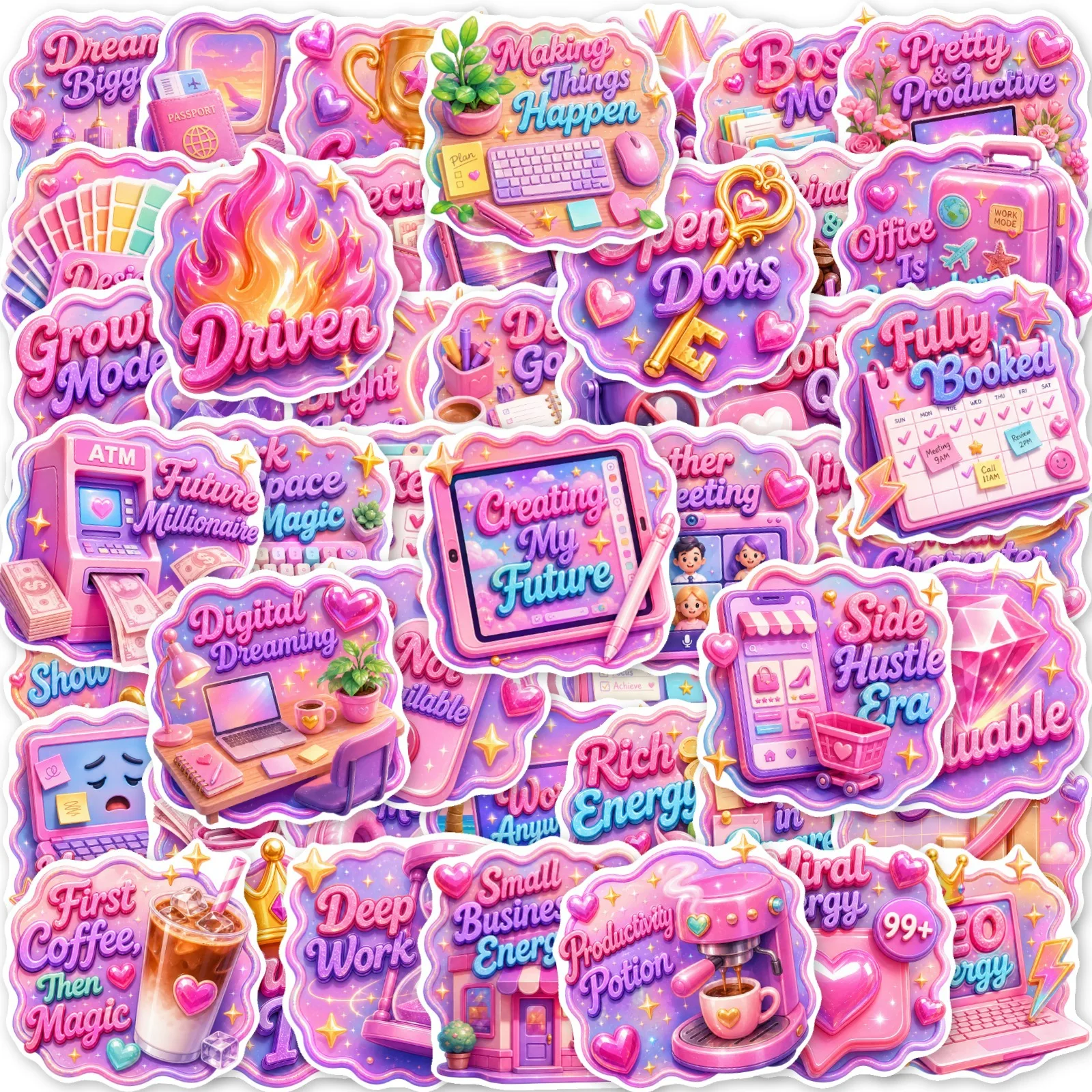 50 PCS Pink Purple Ins Cartoon Inspirational Money English Fun Stickers Female Entrepreneurship Rich Waterproof Stationery Decal