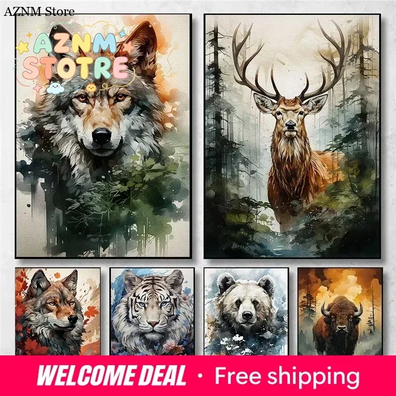 Vintage ink style wildlife aesthetic poster: tiger, wolf, elephant, bear, deer canvas print, home living room gallery decor