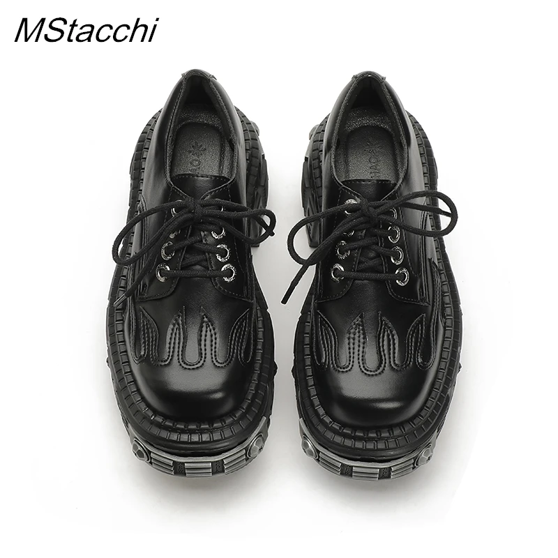 Punk Style Metal Decor Thick Bottom Sneakers Women Gothic Shoes Rock Black Leather Lace-up Heel Height 6CM Platform Shoes 2024