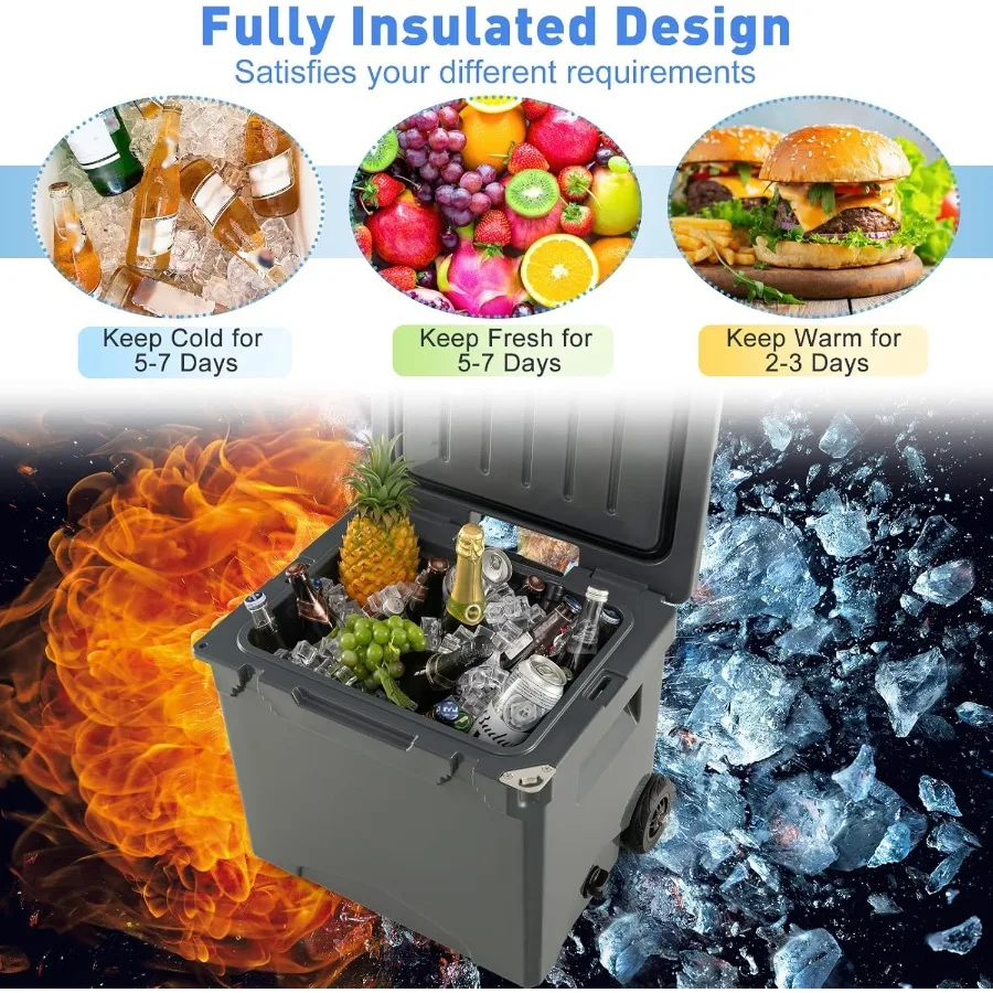 خزانة ثلج معزولة شديدة التحمل مع عجلات ومقابض محمولة لقوارب التخييم والنزهات على الشاطئ تتميز بحامل الأكواب مانع للتسرب