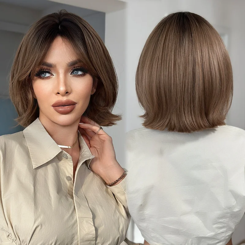 Wearing a wig the woman has short brown hair in a head covering style