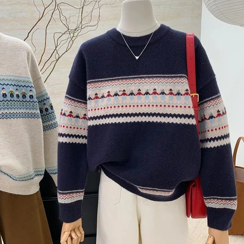 Cute Little Figure Fair Isle Knit Sweater Women O-neck Loose Long Sleeve Retro Pullover Korean Style Thicken Warm Red Coat