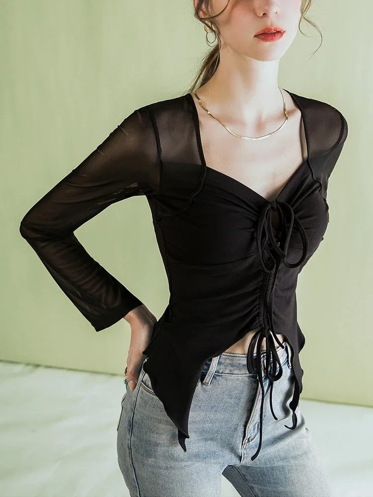 French Daft Neck Black Mesh Drawstring Long Sleeve T-Shirt Women's Irregular Slim Sexy Open Button Top Summer