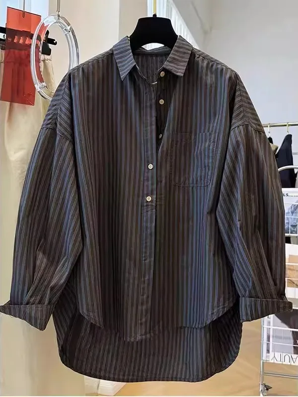 

Женская свободная повседневная рубашка больших размеров в корейском стиле, в полоску, с длинным рукавом, из чистого хлопка, весна-осень