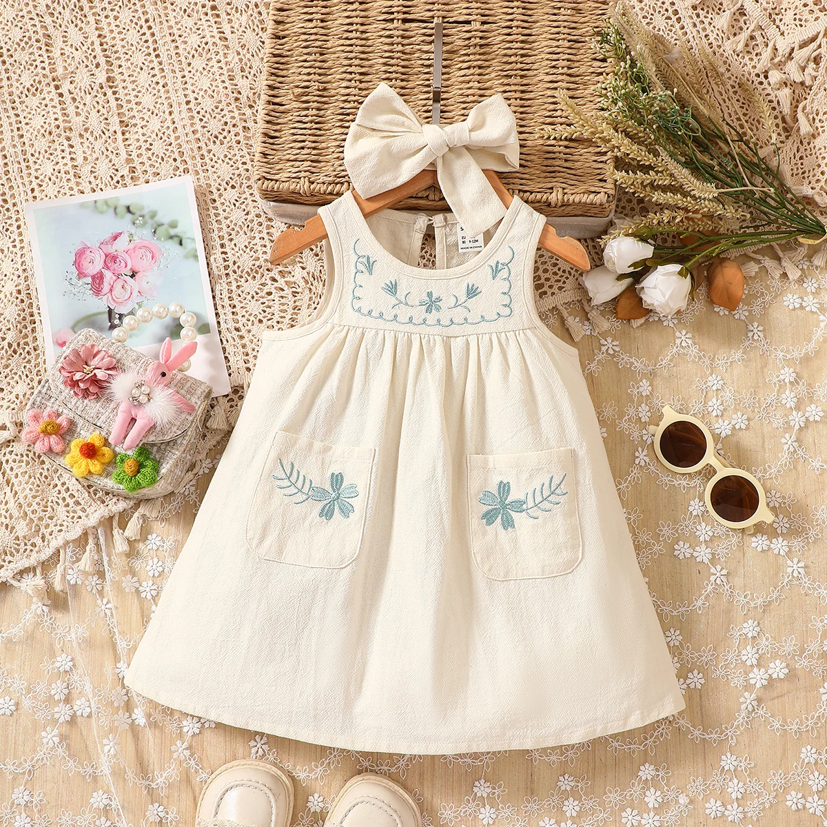 Girls  Dress  Bow Tie  Sleeveless Embroidery Pocket  New Fashion  Beach Travel  Home Trend  Versatile